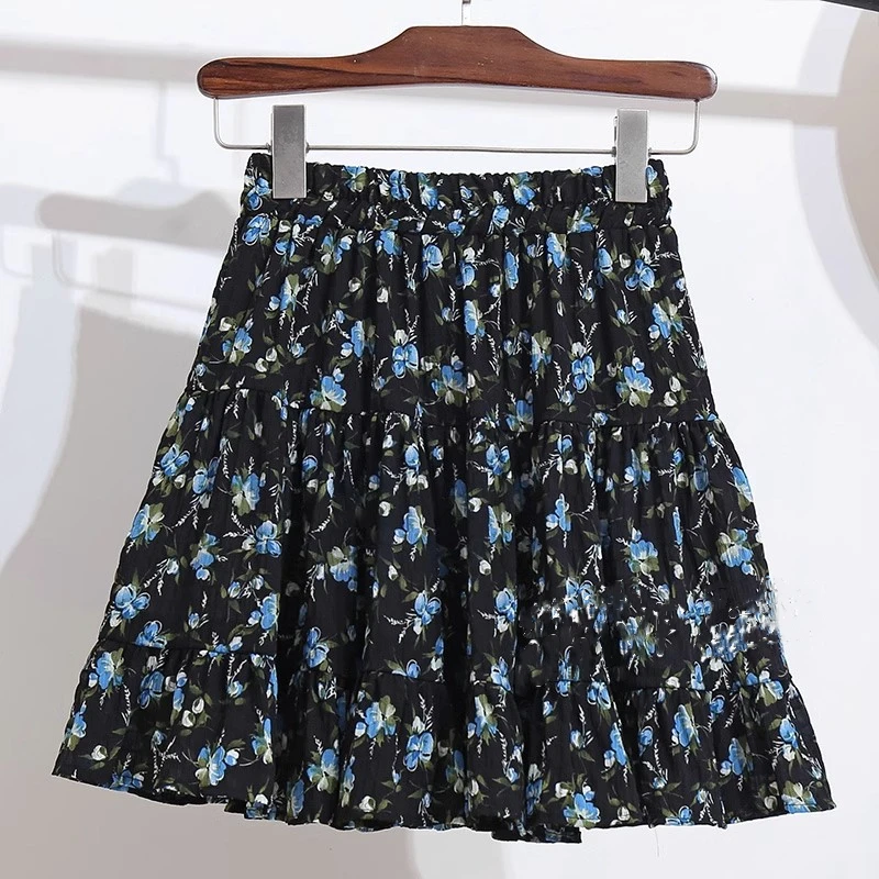 伸縮性のある韓国風レディーススカート、夏のプリントチュチュフック、花柄ルーズミディスカート、エレガントな女性用カジュアルオールマッチスカート、新作