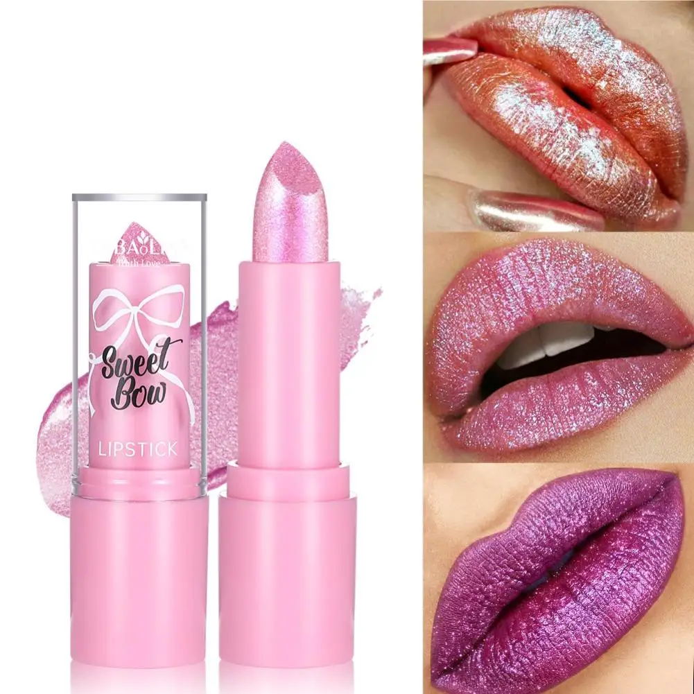 Rose Red Glitter Lipstick High Pigment Matte Diamond Shimmer Waterproof Easy to Wear Sexy Lip Tint Makeup