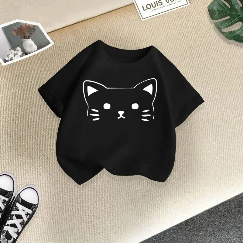 Summer New Cute Cat Animal Print Round Neck Short Sleeved Tee Shirt for Boys and Girls Fashionable and Simple Children's T-shirt
