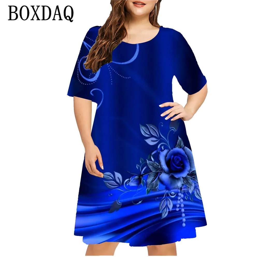 Blue Flower 3D Print Dress Sundress Loose Plus Size Women Clothing 6XL Casual Pullover Ladies New Short Sleeve Mini Dress Femme