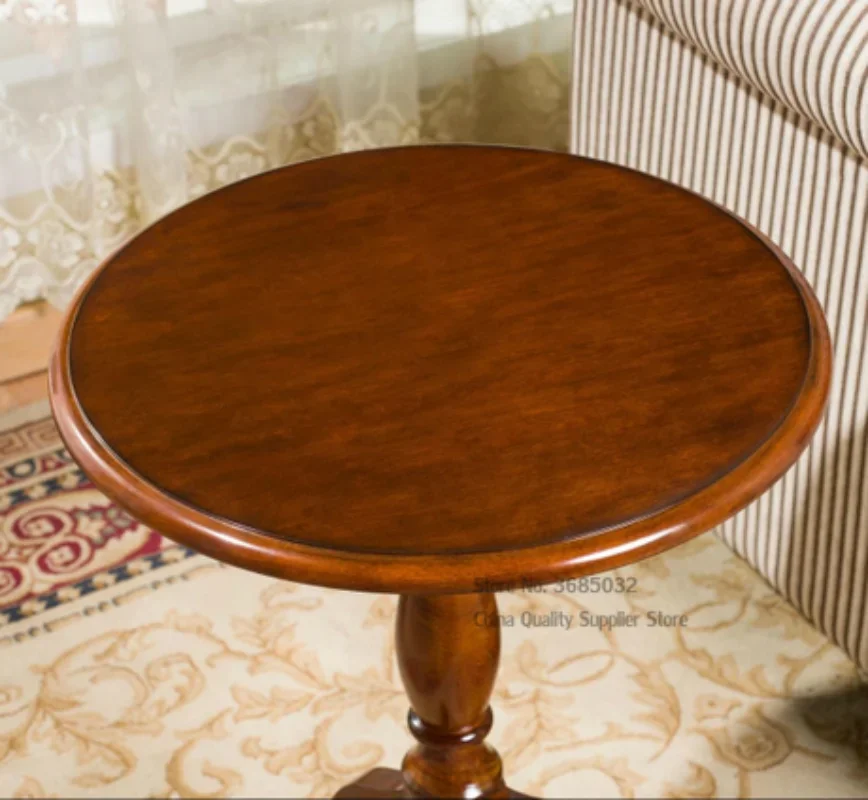 Solid Wood Small Round Table, American Sofa European-style Simple Round Coffee Table, Side Corner Table, Metal Tissue Holder