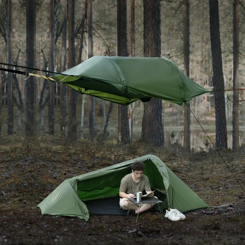 Single tent triangular hammock, flat bottom outdoor professional rainproof mosquito proof off the ground camping tree net