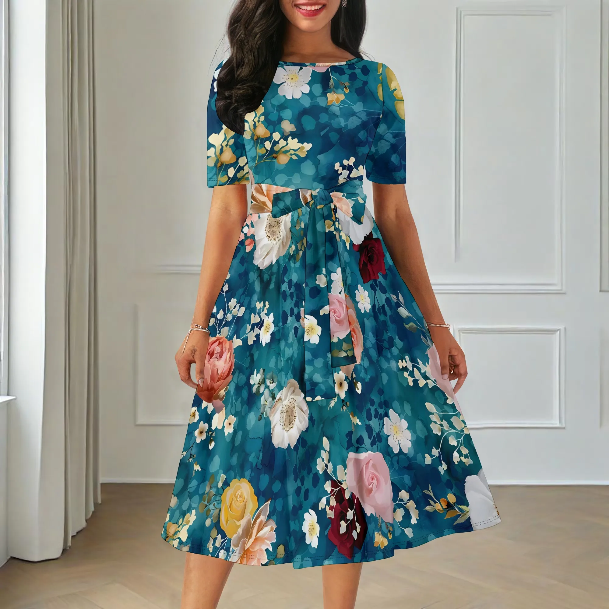 

Nupusa Floral Print Belt Belted Dress Women Summer Knee - Length Dress