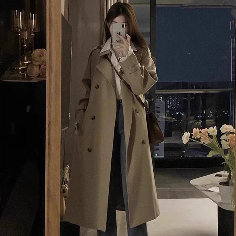

Black Casual Double Breasted Mid-length Trench Jacket Korean Loose Women Windbreaker Spring Autumn Collection Chic Coats