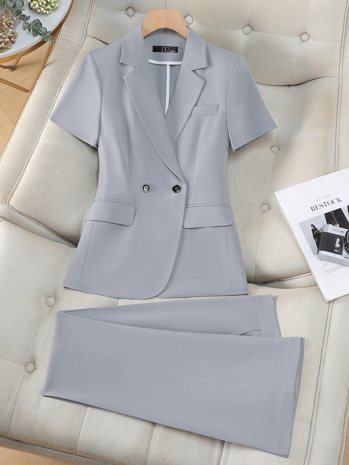 Gray Short Sleeve Suit Set for Women Commute Professional Slim Fit Outerwear Polyester Fiber Seven Sleeve Length Double Button