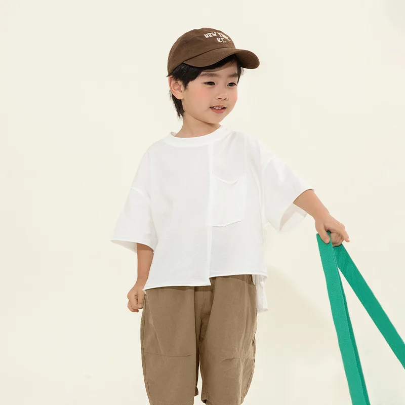 Baby Boys Top Children Short Sleeve T-shirt Summer Children Korean Style Solid Color Splicing Irregular Half Sleeve Tops