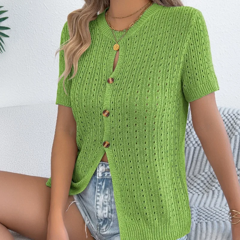 Women's Spring Summer Tops Knitwear Solid Colour Cut-out Button-down Short-sleeved Knitwear Comfortable Casual Elegant Designer