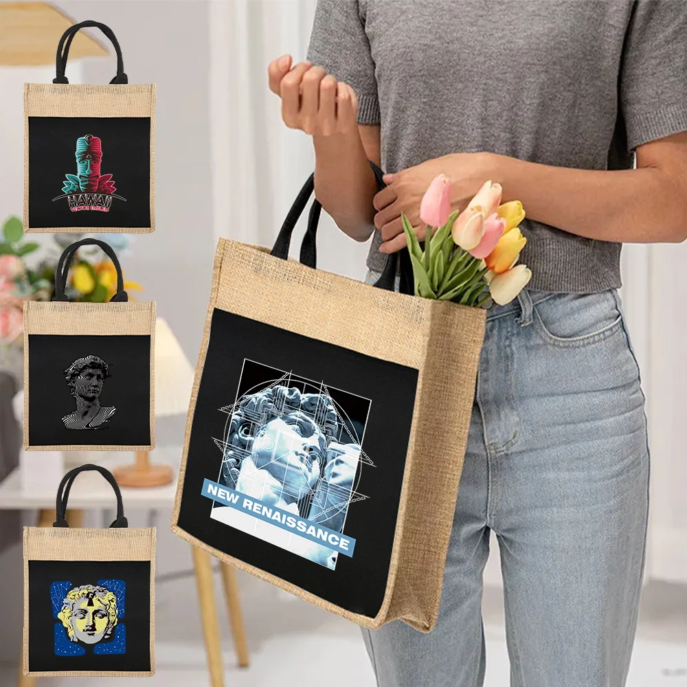 Eco-friendly Shopping Bag Reusable Shoulder Tote Bag Women's Linen Tote Bag Sculpture Pattern Print for Grocery Shopping Tote