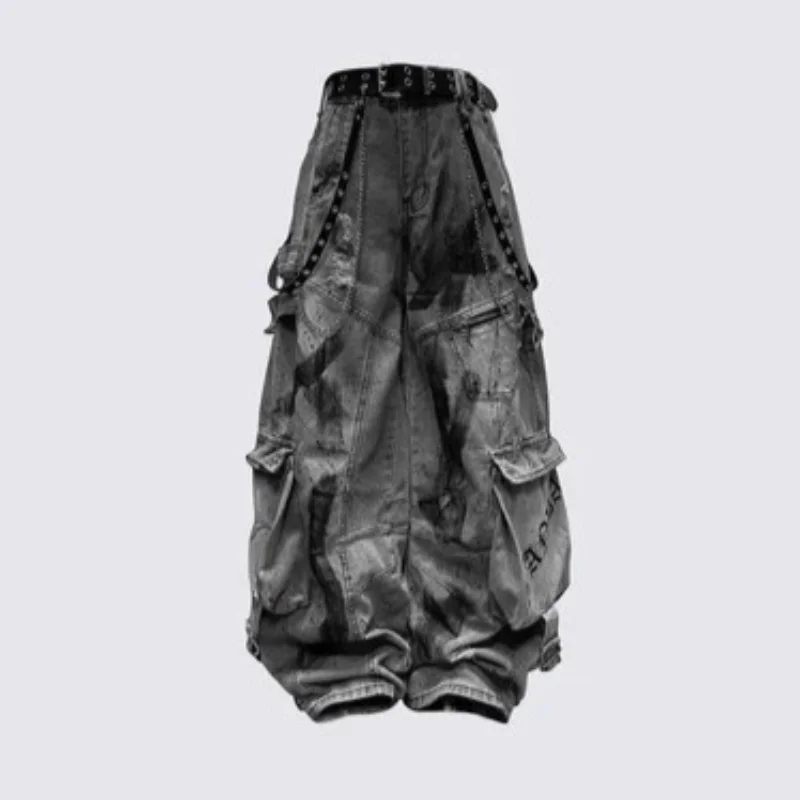 MWJLPWQ American Patchwork Deconstructed Ribbon Cargo Jeans Men Autumn Trendy Street Multi-Pocket Ripped Wide-Leg Trousers 20009