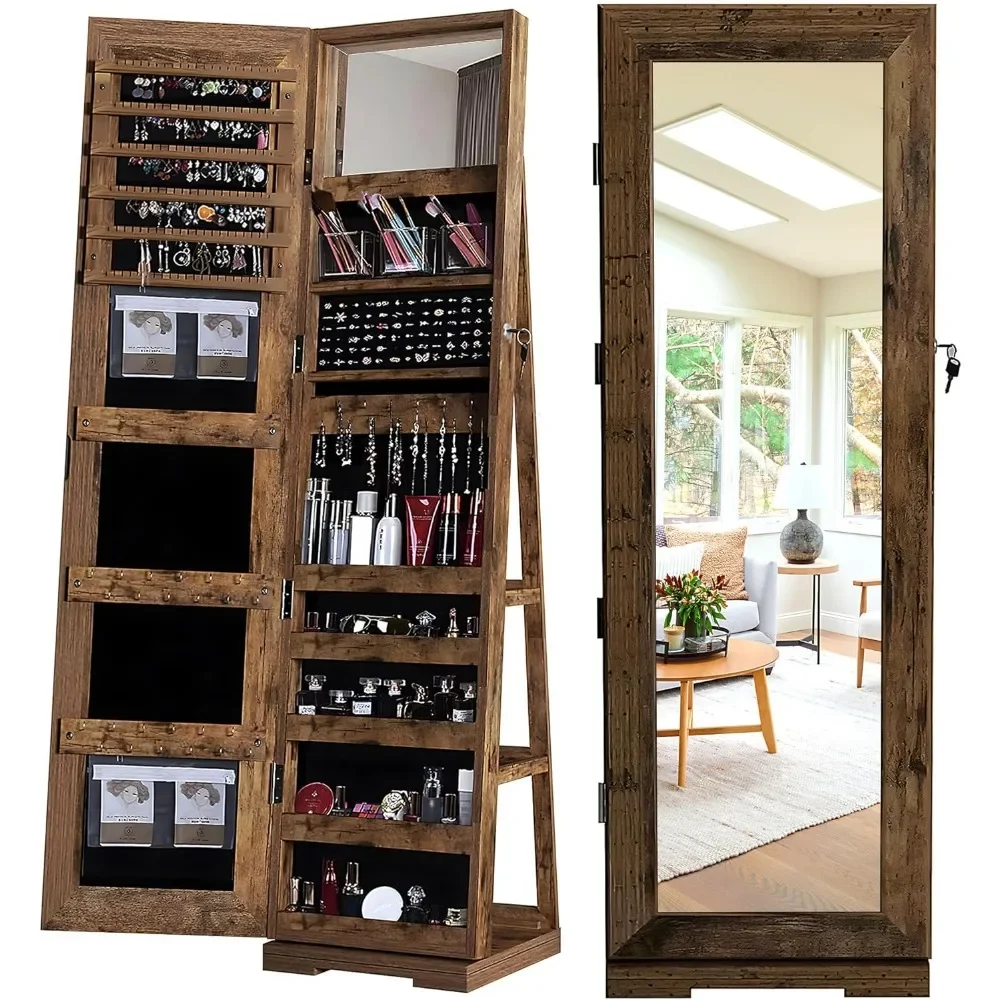 sogesfurniture Lockable Floor Standing Wooden Jewelry Armoire with Full Length Mirror 360°Rotatable Jewelry Organizer Cabinet