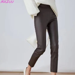 Women Clothing Genuine Leather Skinny Pants Simple Casual Elastic Waist Trousers Sheepskin All-Match Black/Coffee Frauen Hosen