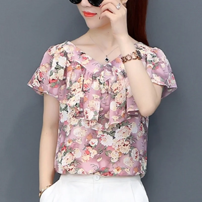 Fashion V-Neck Printed Spliced Loose Ruffles Chiffon Blouse Women\'s Clothing 2023 Summer New Casual Pullovers Office Lady Shirt