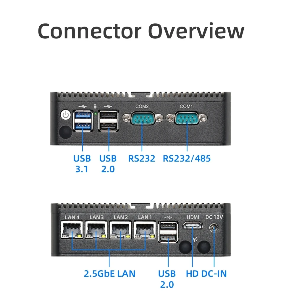 XCY PC industriale senza ventola Intel Celeron J6412 2x DB9 RS232/485 4x 2.5G Ethernet DDR4 M.2 NVMe SSD 6xUSB HDMI Slot SIM Mini-PCIe
