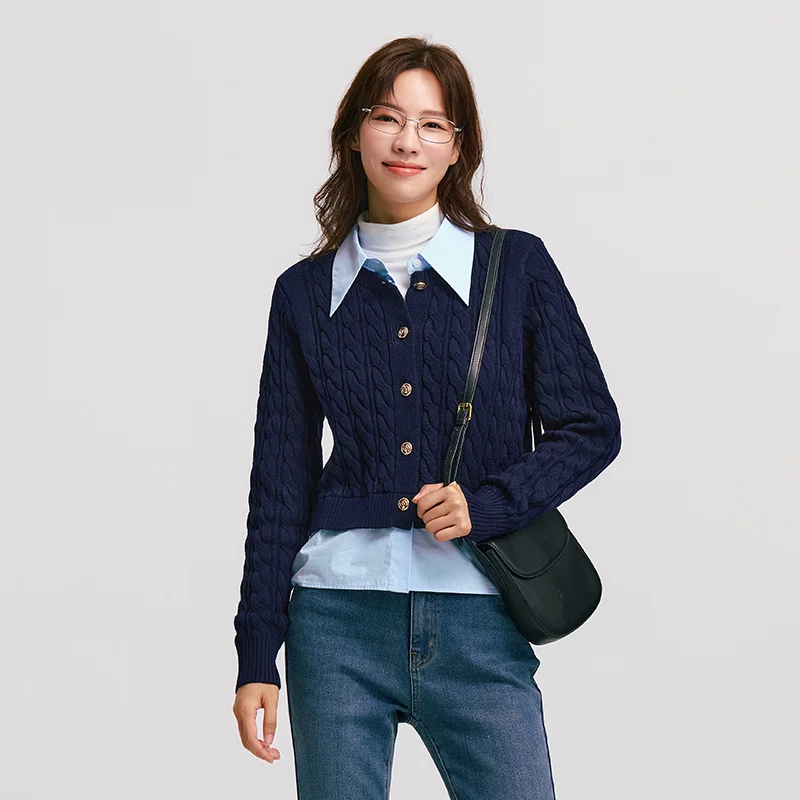 Semir Knitted Cardigan Women Contrasting Color Turn-Down Collar Cable Knit Sweater Literary Winter Fake Two-Piece Clothes