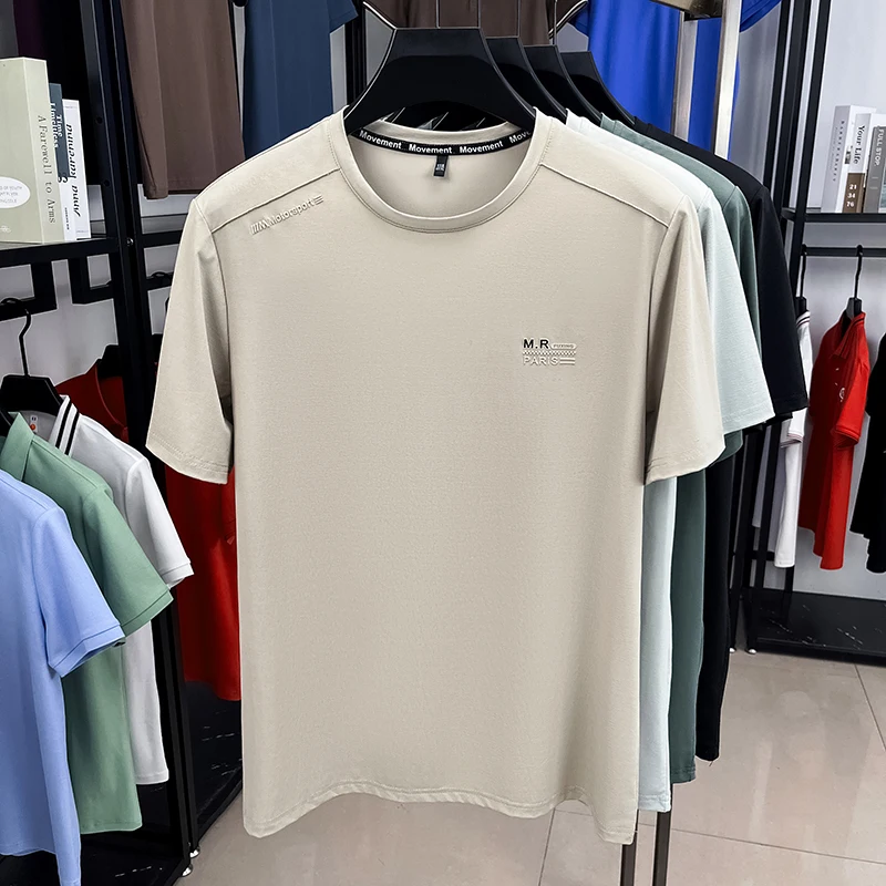 العلامة التجارية الفاخرة أزياء إلكتروني تنقش قصيرة الأكمام تي شيرت الراقية حريري ناعم تنفس بارد مريح الرجال جولة الرقبة أعلى #6