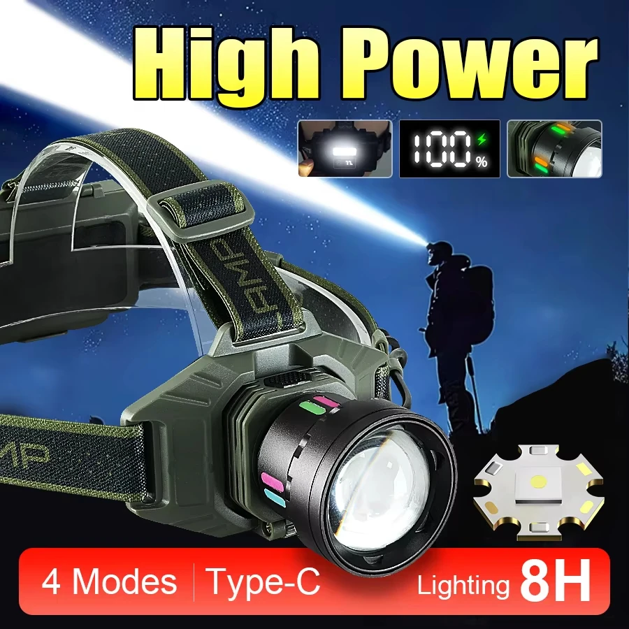 2025 Most Powerful LED Headlight TYPE-C USB Rechargeable 18650/21700 Battery Head Torch Zoom Headlight Fishing Hunting Head Lamp