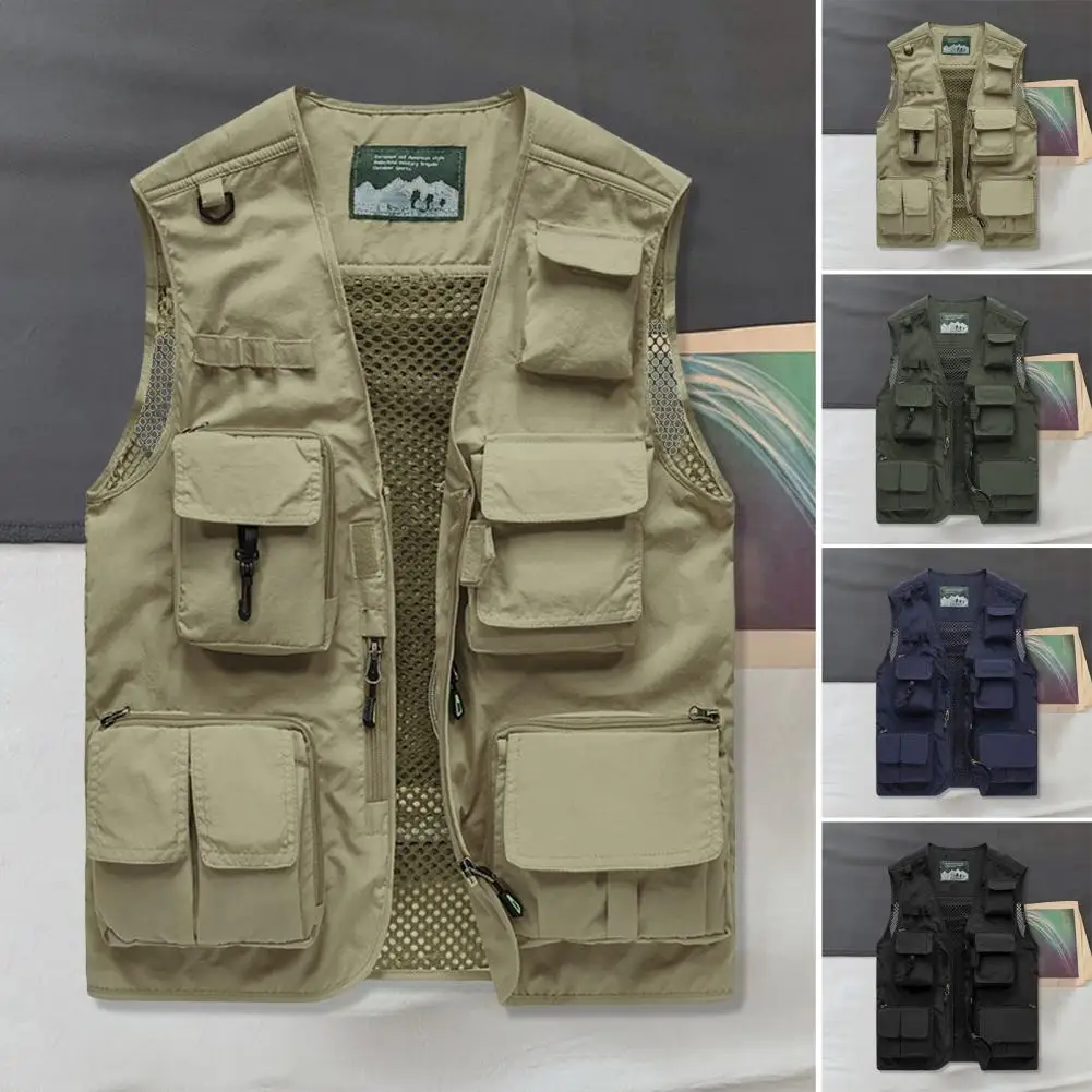 Hiking Vest Solid Color Men's Outdoor Vest with Multi-pocket Design Removable Back Cloth Zipper Closure Ideal for Fishing