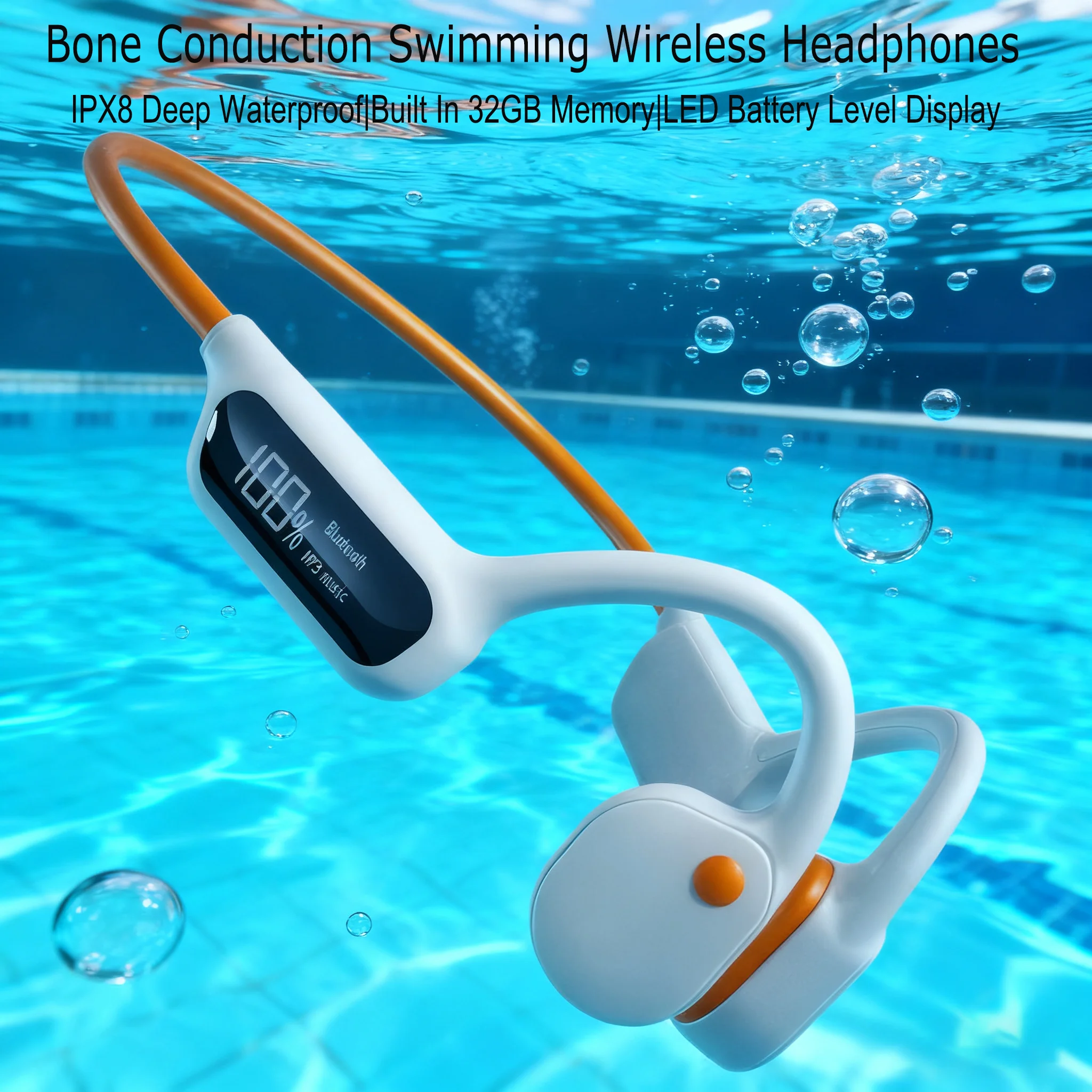 

Bone Conduction Swimming Headphones IPX8 Waterproof Built In 32GB Memory Bluetooth 5.3 LED Battery Level Display MP3 Earphones