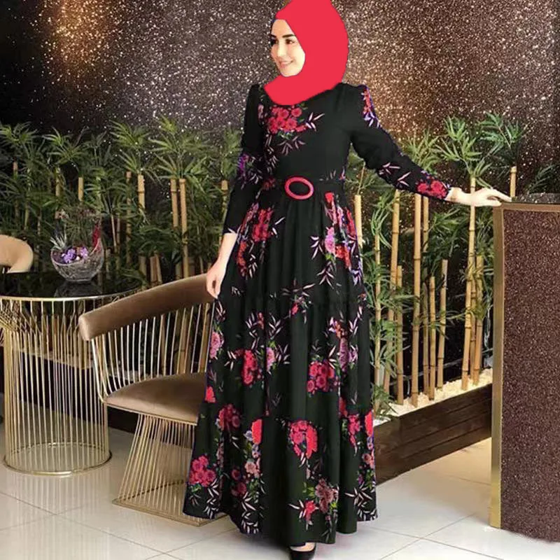 Vestidos con estampado Vintage musulmán de Oriente Medio para mujer, ropa con cuello redondo para mujer, Túnica informal Islam árabe, caftanes