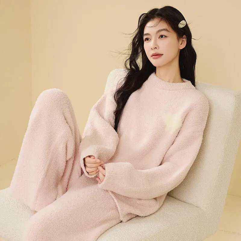 

Girl Soft Loungewear Home Clothes Round Neck Thick Flannel Warmth Suitable Outdoor Wear Women's Pajama Set Comfortable Sleepwear