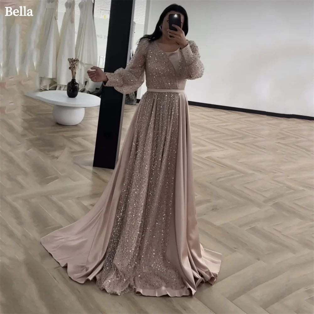 

Bella Elegant Champagne Long Sleeve Party Dress Satin A-line Floor-Length vestidos de fiesta Beading Detachable Trainفساتين سهرة