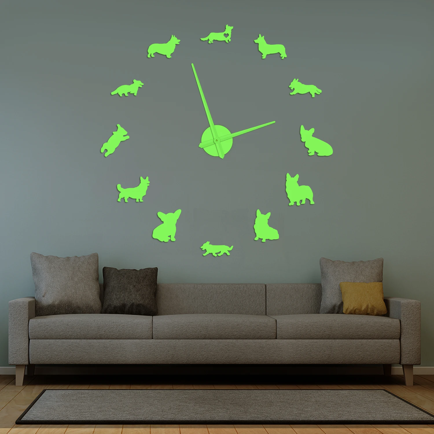 Welsh Corgi Dog DIY Wall Clock Glow in Dark Short Leg Dog Pembroke Corgi Home Decor Night Visible Wall Clock Silent Non Ticking