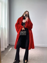 2023 New Style  Luxury Winter Natural Mink Fur Long Coats  for Women Fancy Fasion Red Kpop Gril's Snow Real Thick Mink Jacket