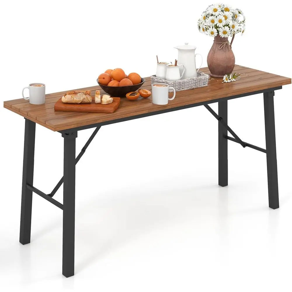 Picnic Table Acacia Wood Dining Table with Metal, Portable Camping BBQ Table, Recular Dining Table or Indoor Outdoor Activities