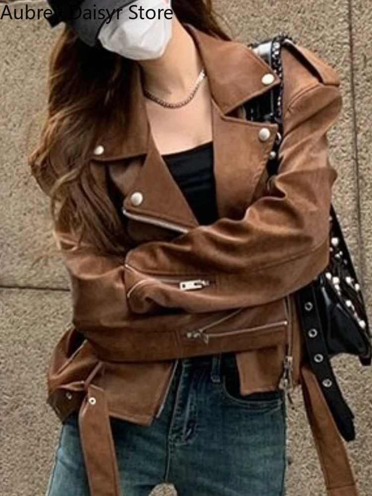 Winter Korean Brown Leather Jacket Women Streetwear Moto Biker Zipper Leather Coat Casual Outerwear Irregular Cropped Jacket New