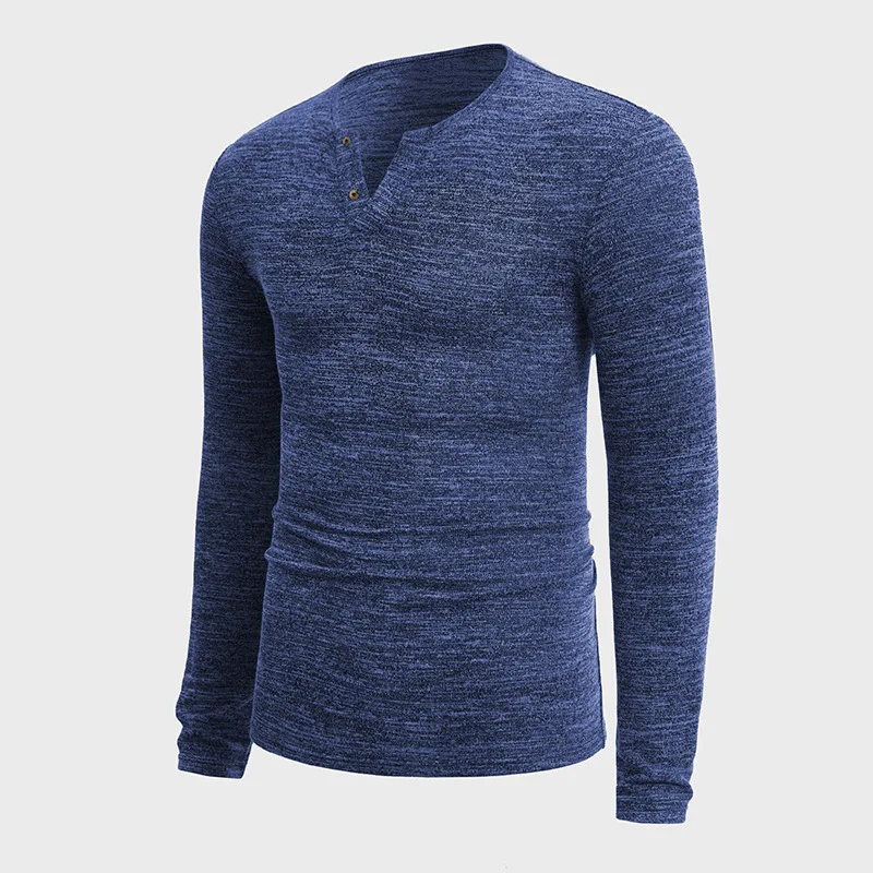 Stretch Slim V-Neck T-Shirt Long Sleeve Notched Neck Half Placket Pullover