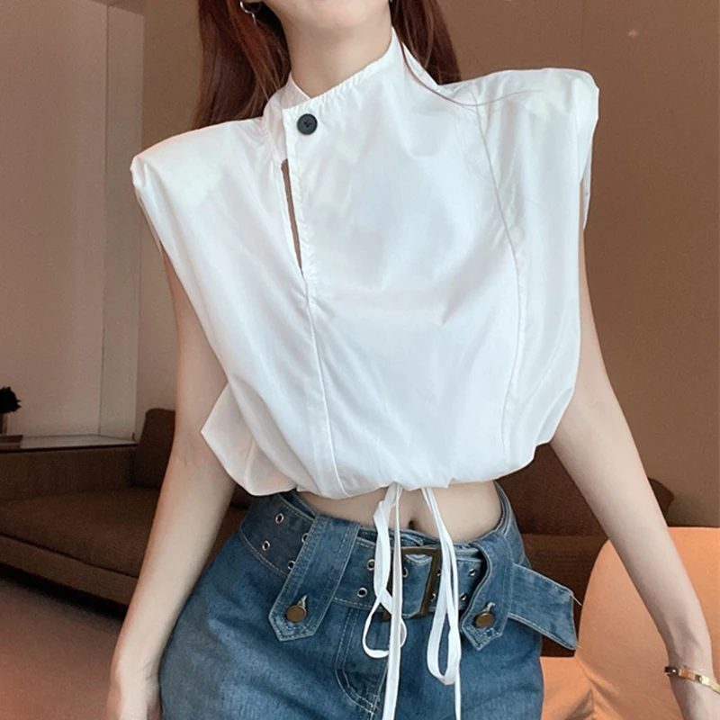 Design inspired stand up collar top, short drawstring sleeveless shirt, padded shoulder vest shirt, women's summer shirt