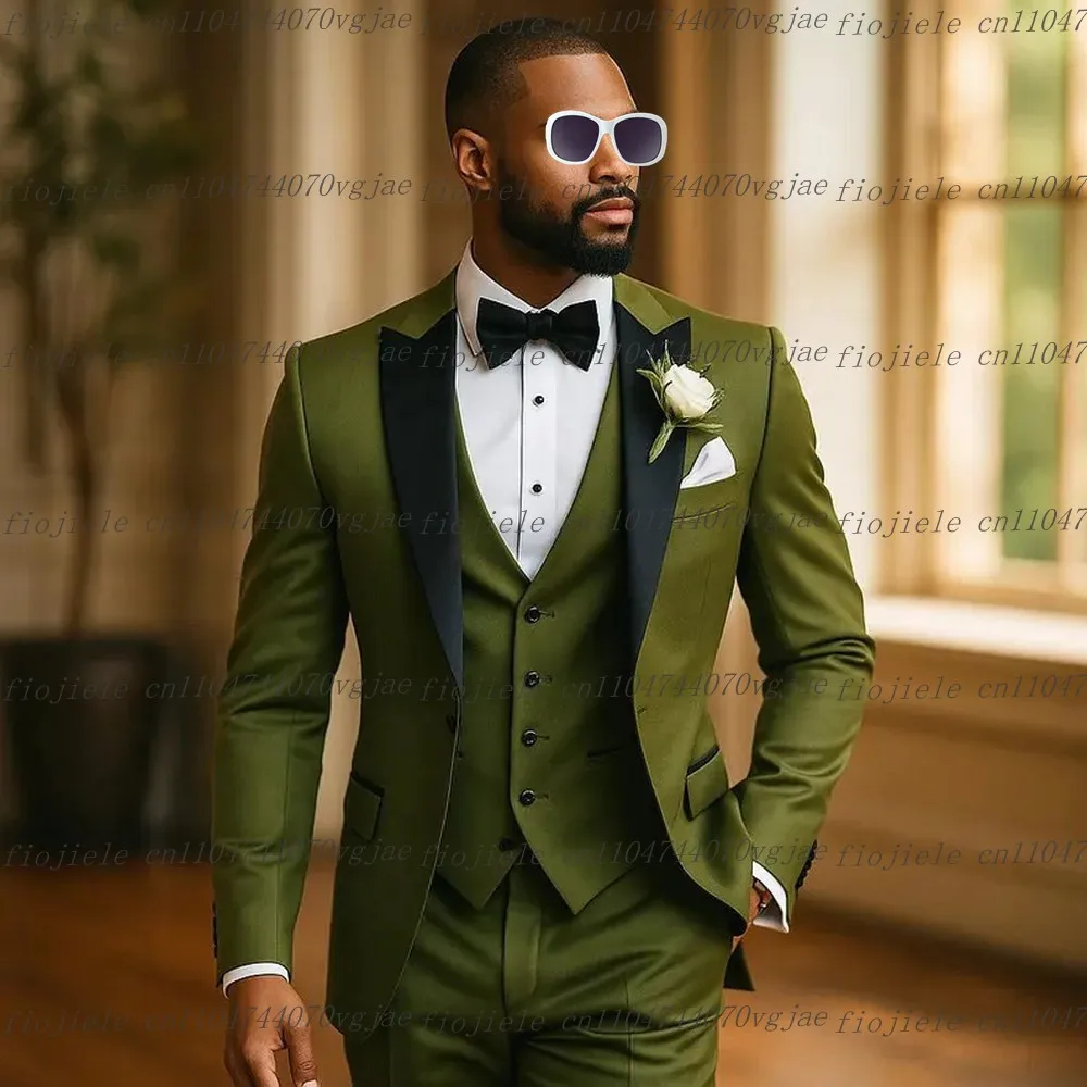 

Black Collar Army Green Men Suit Formal Wedding Party Groom Groomsman Male Tuxedos Customize 3 Piece Set Jacket Vest Pants