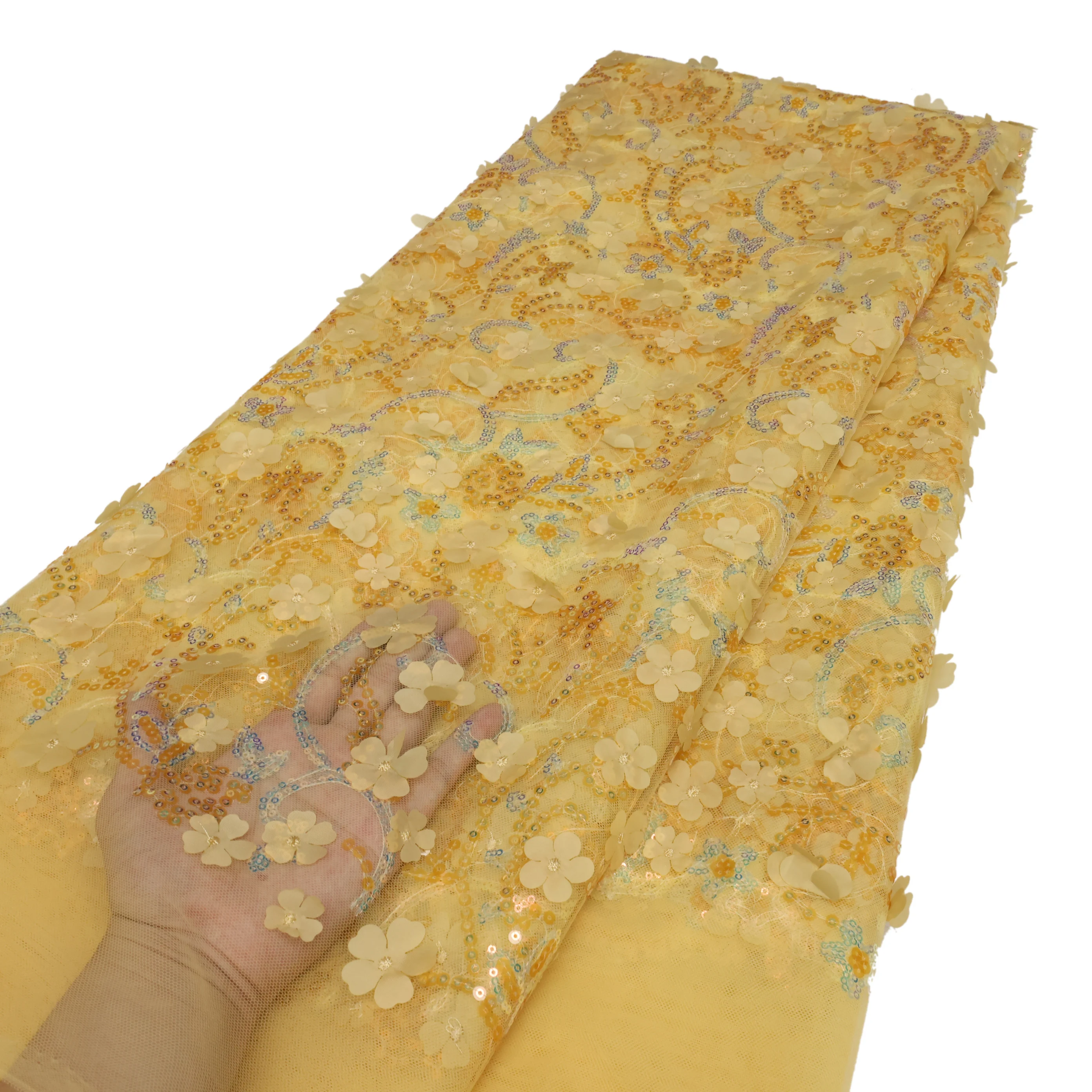 High Quality 2025 African Nigerian 3D Flower Net Mesh Lace Fabric For Wedding Groom Embroidery French Lace Fabrics Sewing