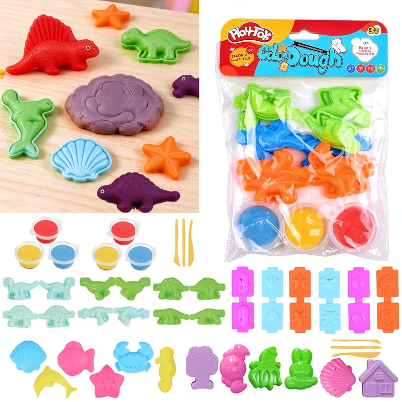 2 Sets Play Dough Set for Kids Color Dough Dinosaur Animal Molds Kit Non-Sticky Modeling Clay Mold Children DIY Craft Clay Gifts
