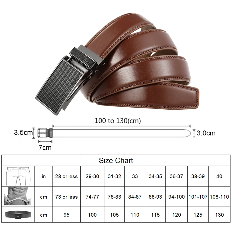 VATLTY 3.0cm Ceinture en cuir véritable pour hommes Argent Boucle automatique Pantalon Ceinture Cuir souple 130cm Ceinture Ceinture Marron Cadeau