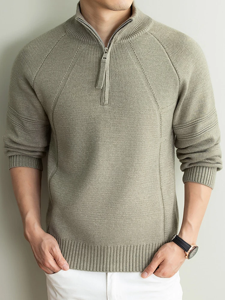 Daily Casual Men Stand Collar Knitted Sweater Vintage Solid Color Long Sleeve Thick Pullover Autumn Winter Warm Polo Shirts Men