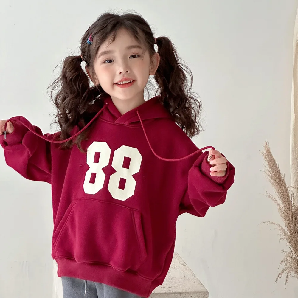 2024 Winter Children Boys Hoodies Letter Big Pocket Solid Hooded Drawstring Fleece Teenager Boys Tops Kids Boys Pullovers