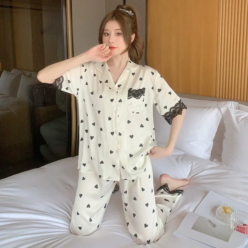2025 新しいレース V ネックパジャマスーツプリントナイトウェア 2 個 Pjs 女性シルキーホームスーツレトロ半袖シャツ & パンツ部屋着