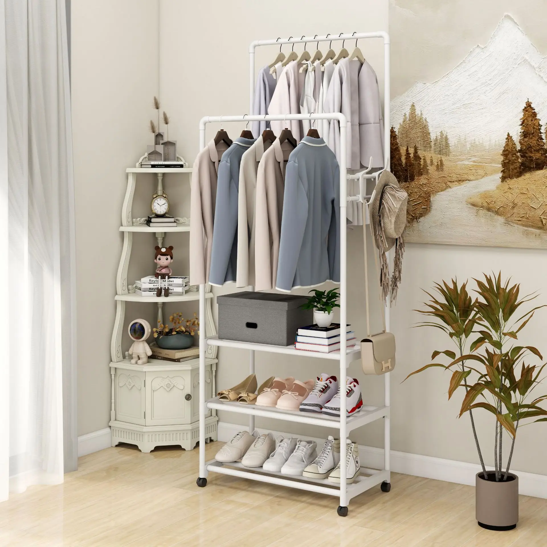 Hot Coat Rack Movable Double Clothes Shelf Simple Rod Clothes Floor-Standing Bedroom Telescopic Floor Hangers Storage Coat Rack