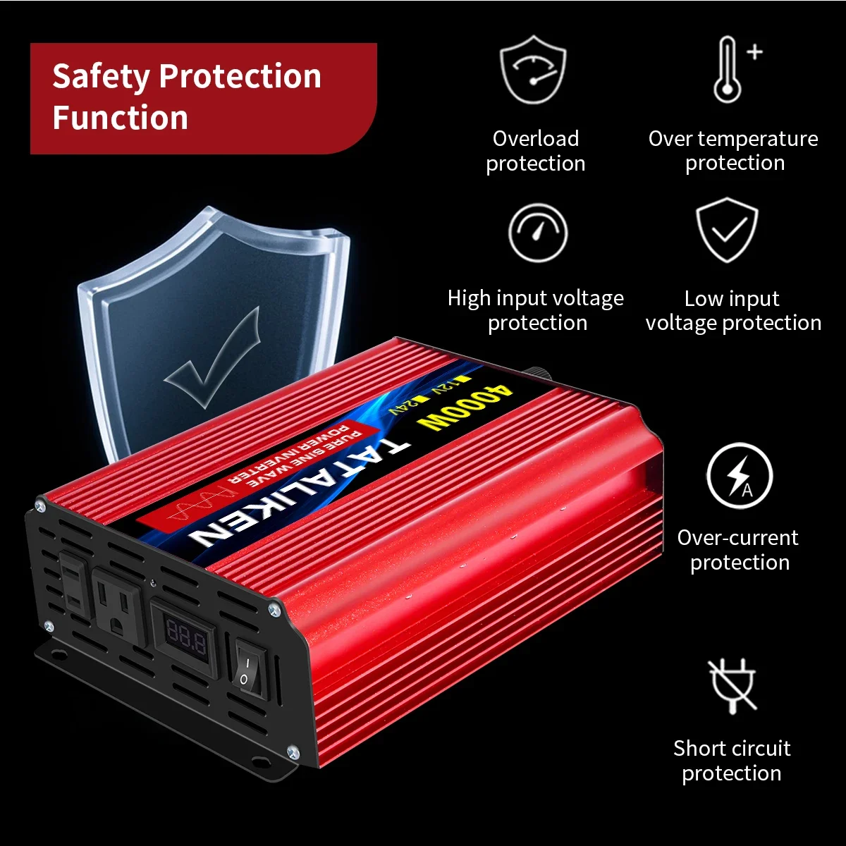 Imagem -04 - Senoidal Pura Onda Poder Conversor Transformador de Carro Solar com Display Led dc 12v 24v a 220v ac 110v 1600w 10000w 50hz 60hz