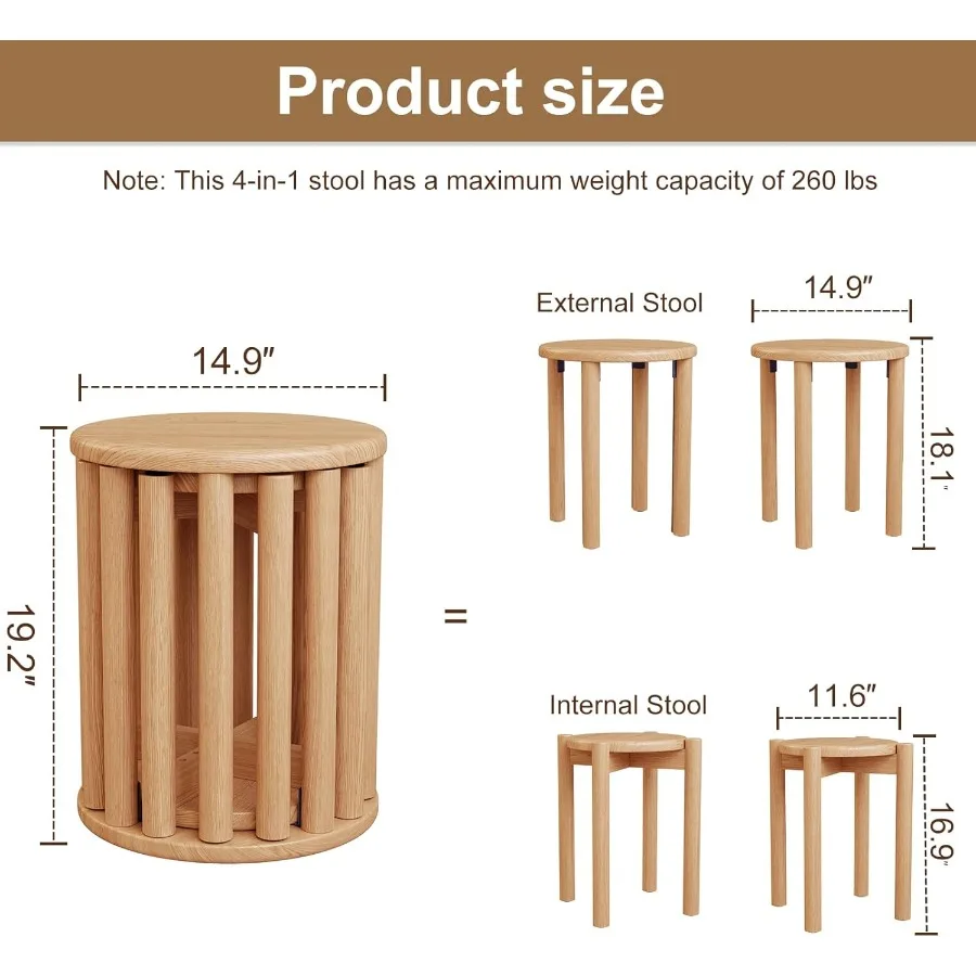 積み重ね可能なスツール4個セット 44インチ1 木製スツール 滑り止めフットパッド付き キッチン 寝室 リビングルーム バー用 組み立て不要