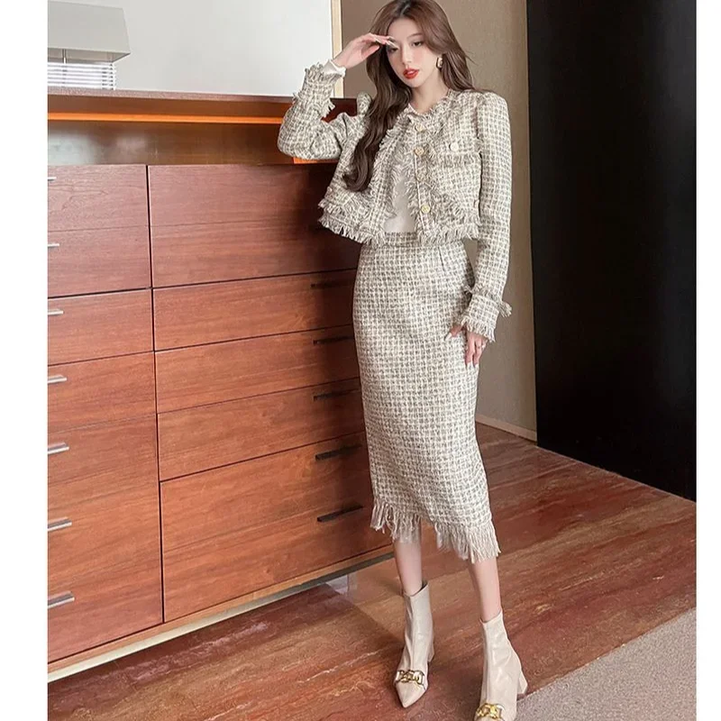 UNXX Autumn New Smail Fragrance Style Short Tweed Suit Jacket Skirt Retro Fringed Round Neck Blazer + Skirt Two-piece Set Women