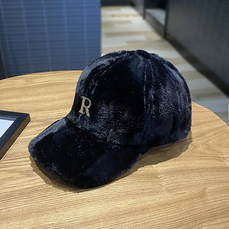 Autumn Simple Metal R Solid Color Rabbit Hair Baseball Cap Women\'s Winter Outdoor Warm Thickened Fashion Plush Sunshade Hat