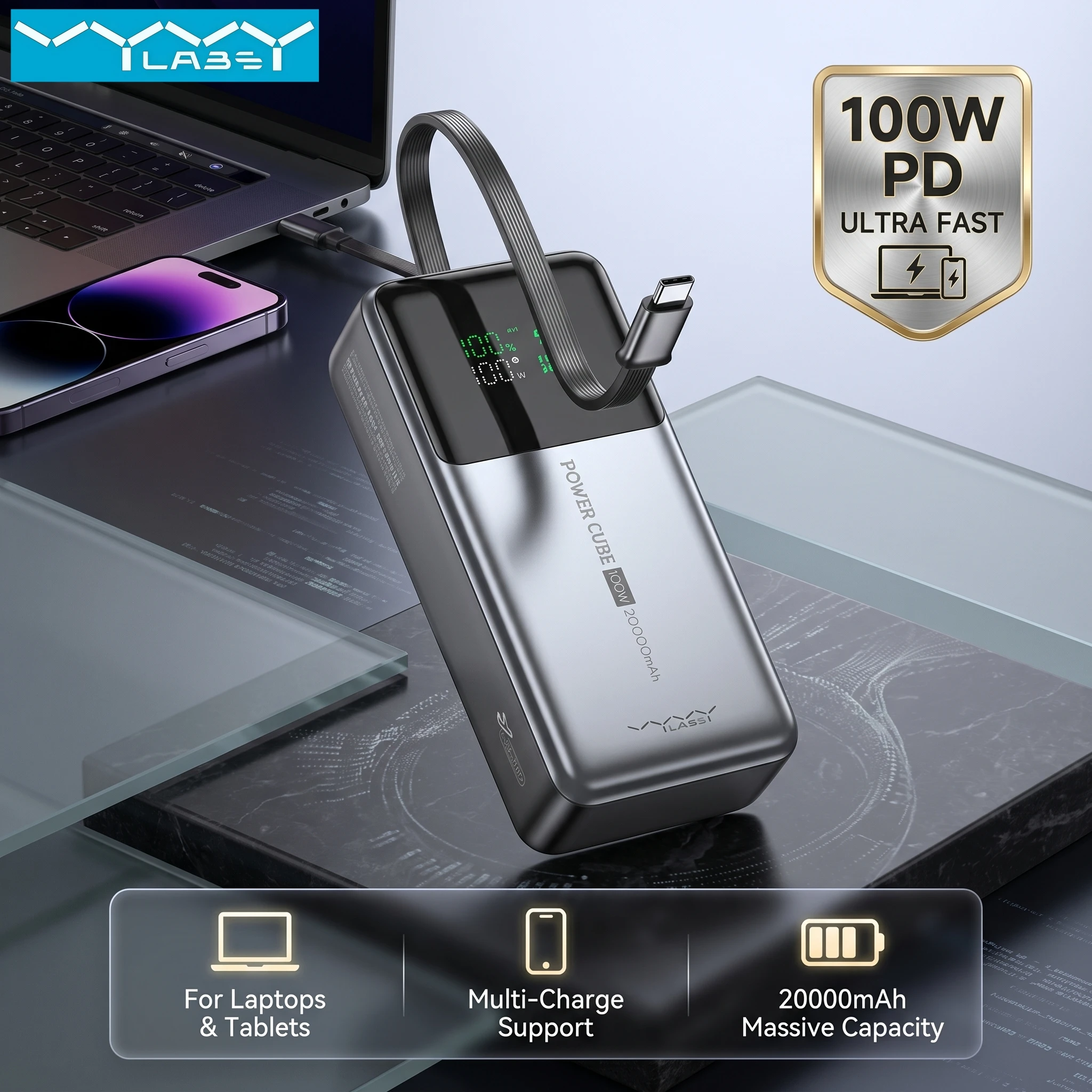 Vyvylabs Power Bank 20000mAh 100W Ricarica Rapida, Powerbank Esterno Portatile con Cavo Type-C, Adatto per Laptop, Tablet, MacBook, Lenovo, Dell, HP, iPhone, Huawei, Samsung e per Console di Gioco, Droni DJI
