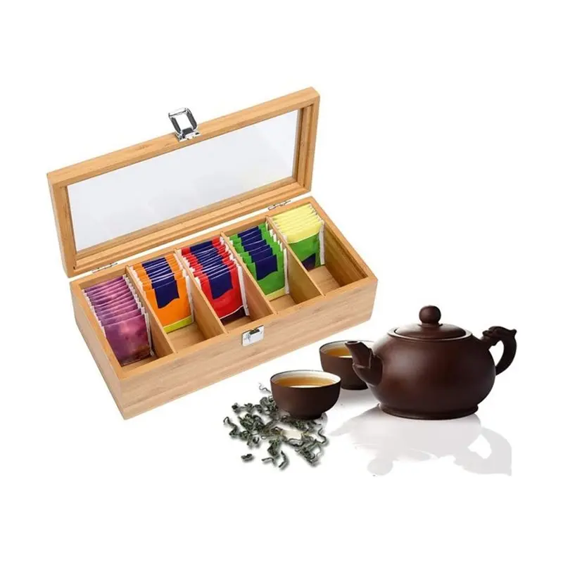 YANA50I Tea Bag Holder, 5 Compartment Bamboo Tea Box Organizer With Acrylic Glass Lid, Holds Creamers, Sugar, Coffee Pods