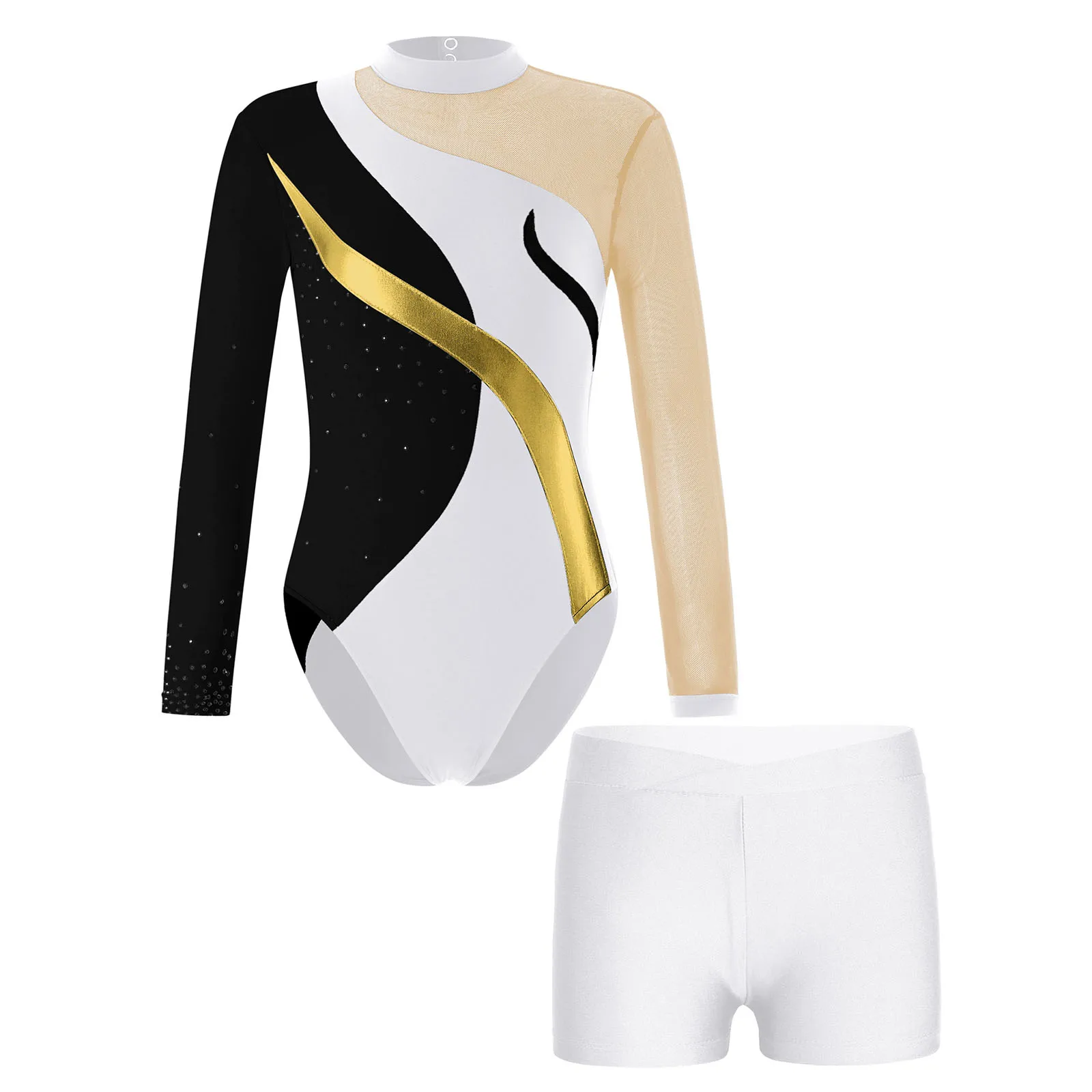 Kids Girls Long Sleeve Skating Bodysuit Shiny Patchwork Gymnastics Leotard with Shorts Dancewear Sets for Dancing Competition