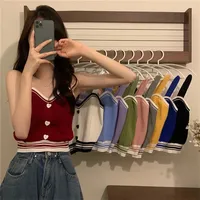 2024 New Women's Inner Tank Top Cropped Outer Wear Knit Top Color Blocking Heart Button Small Tank Vest Summer Fashion