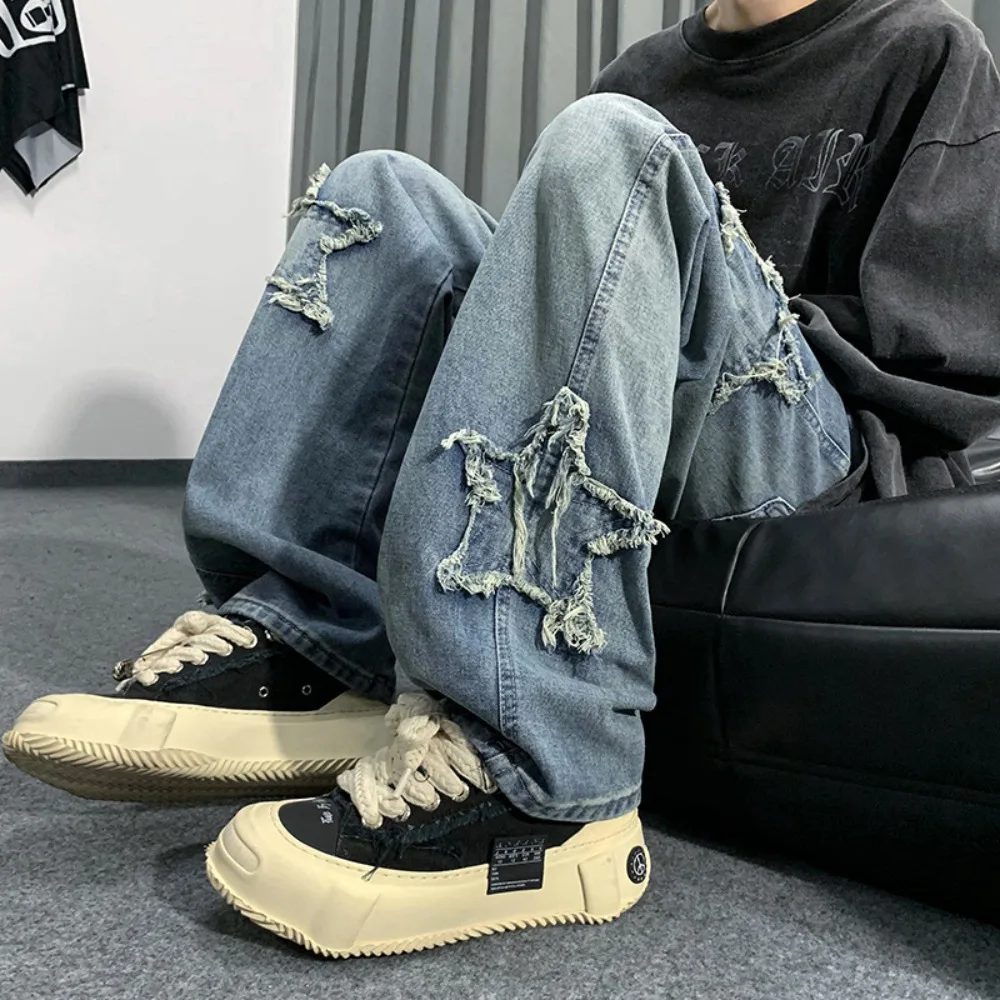 

Fashion pointed Star Embroidery Jeans Men Loose Casual Straight Hip-hop Wide Leg Denim Trousers Men Baggy Jeans Pants 2024 New