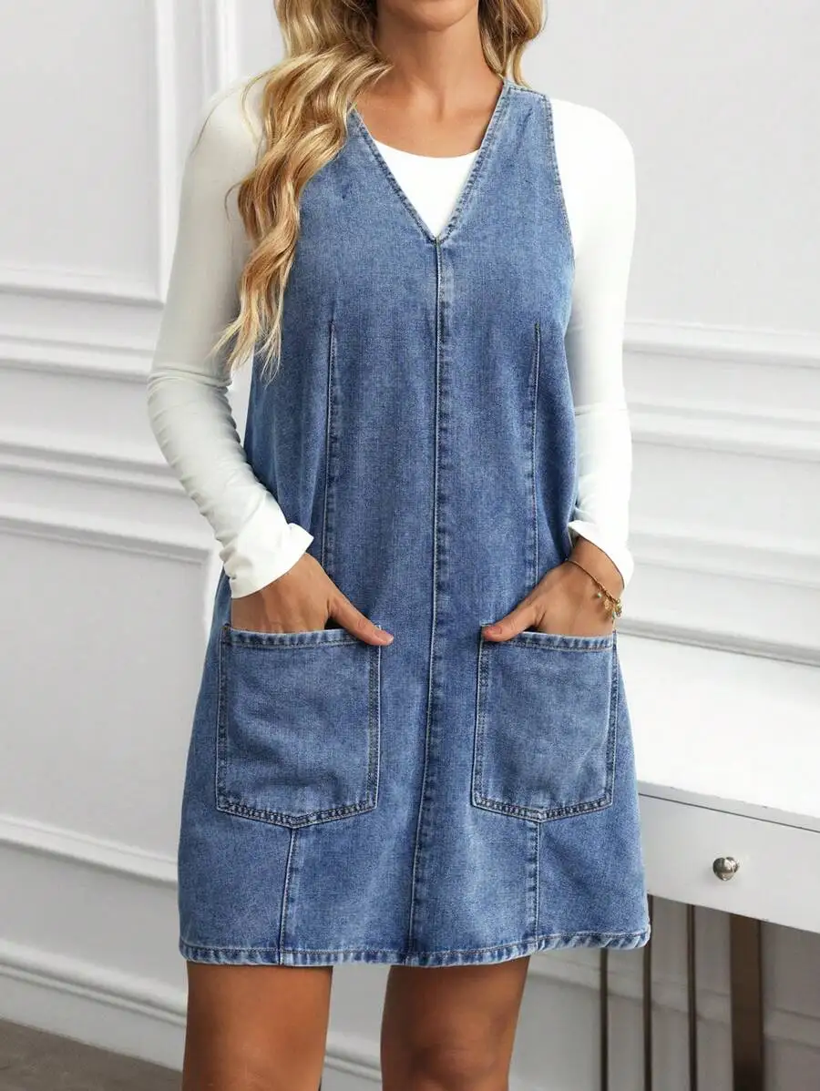 

Women's V-Neck Sleeveless Denim Bib Dress with Front Pockets