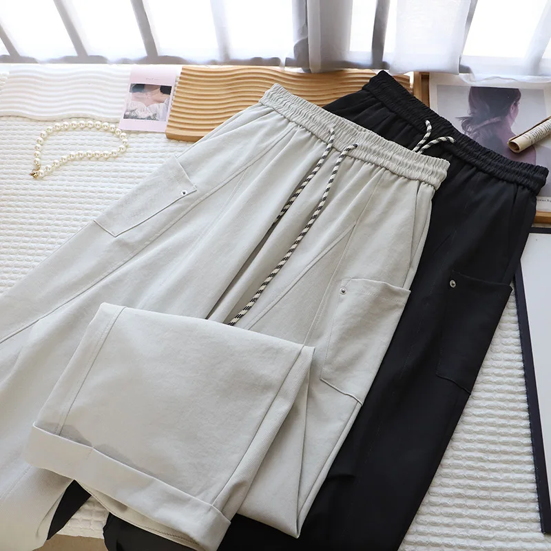 

Loose Women's Work Pants American Sle Spring 2026 High Waist Wide Leg Lazy Sle Trousers with Big kets Elastic Waist